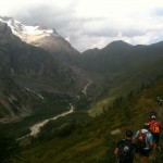 traversée à flanc au dessus du Val Ferret et face au Mont Dolent